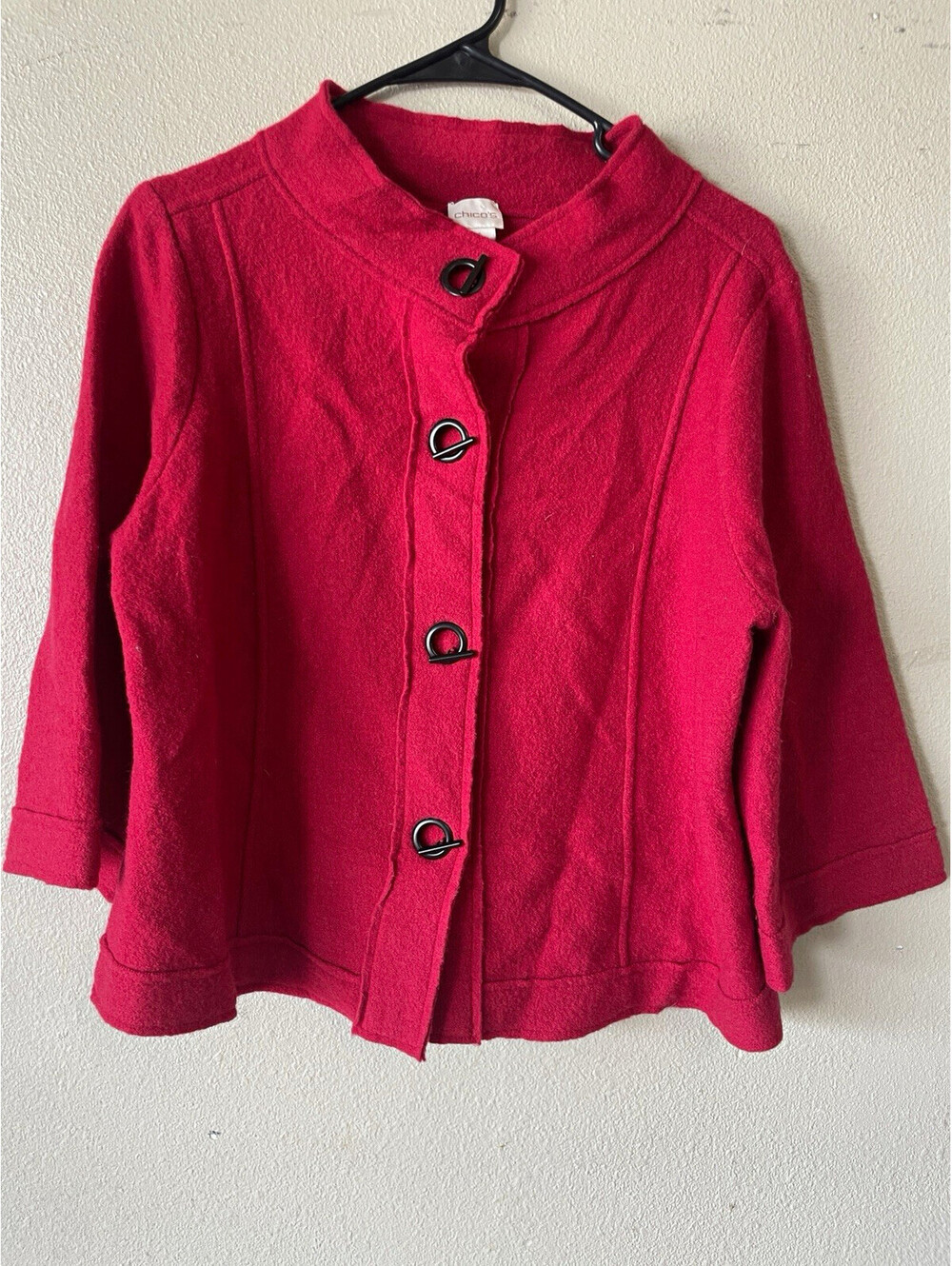 Chico's Red Wool Button Front Collared Jacket 3/4 Sleeve Short Size 1
